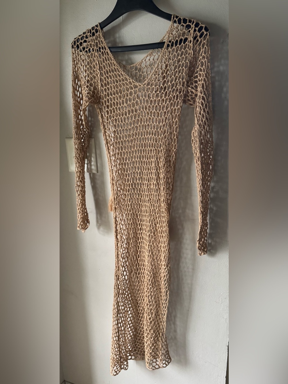 Beige Crochet Long Sleeve Maxi Dress
